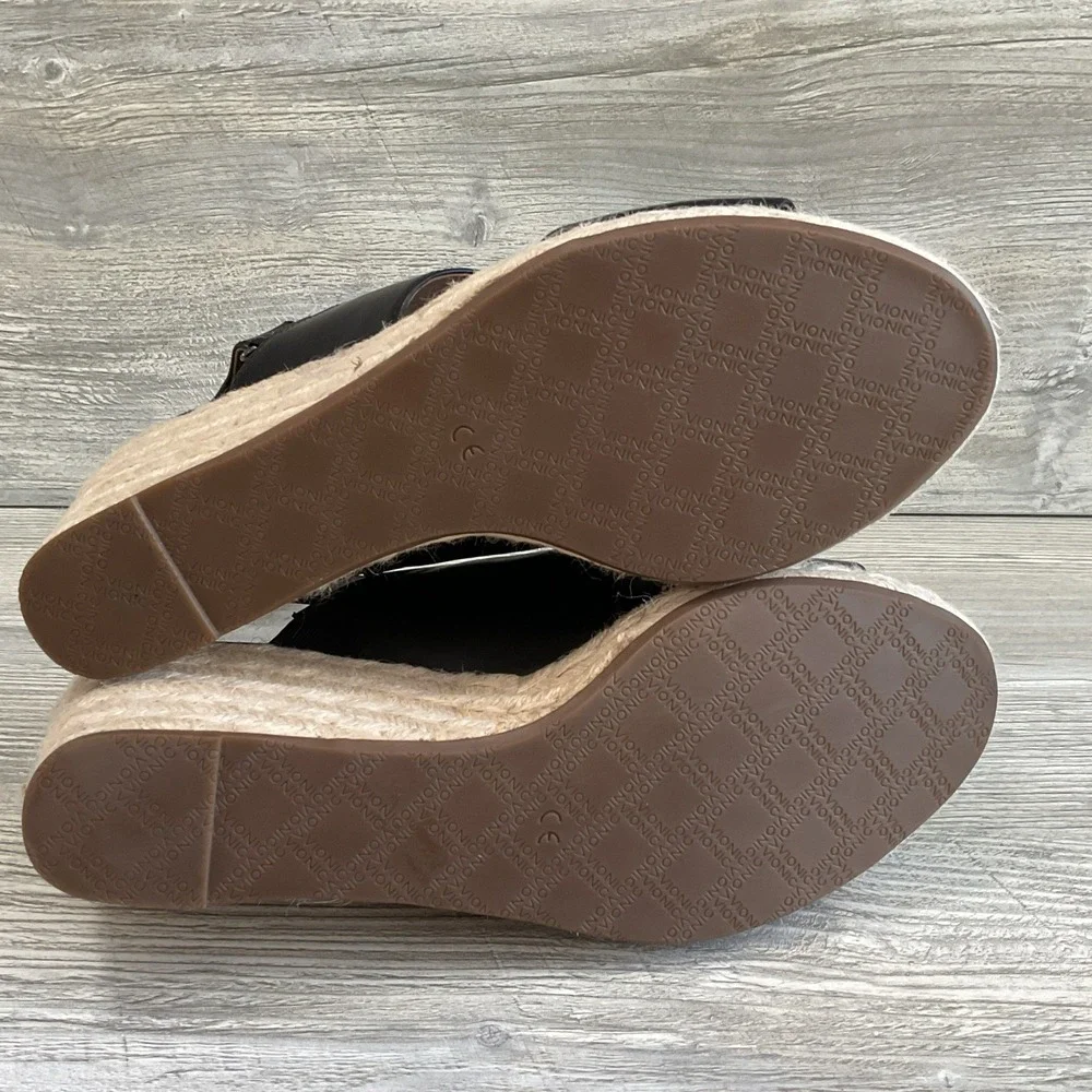 Vionic Brooke Black Leather Espadrille Wedge Beautiful Sandals Women's Size 10 M